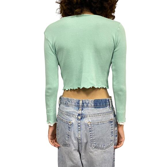 Womens Curly Hem Double Button Front Cropped Cardigan Sweater - Picture 3 of 4